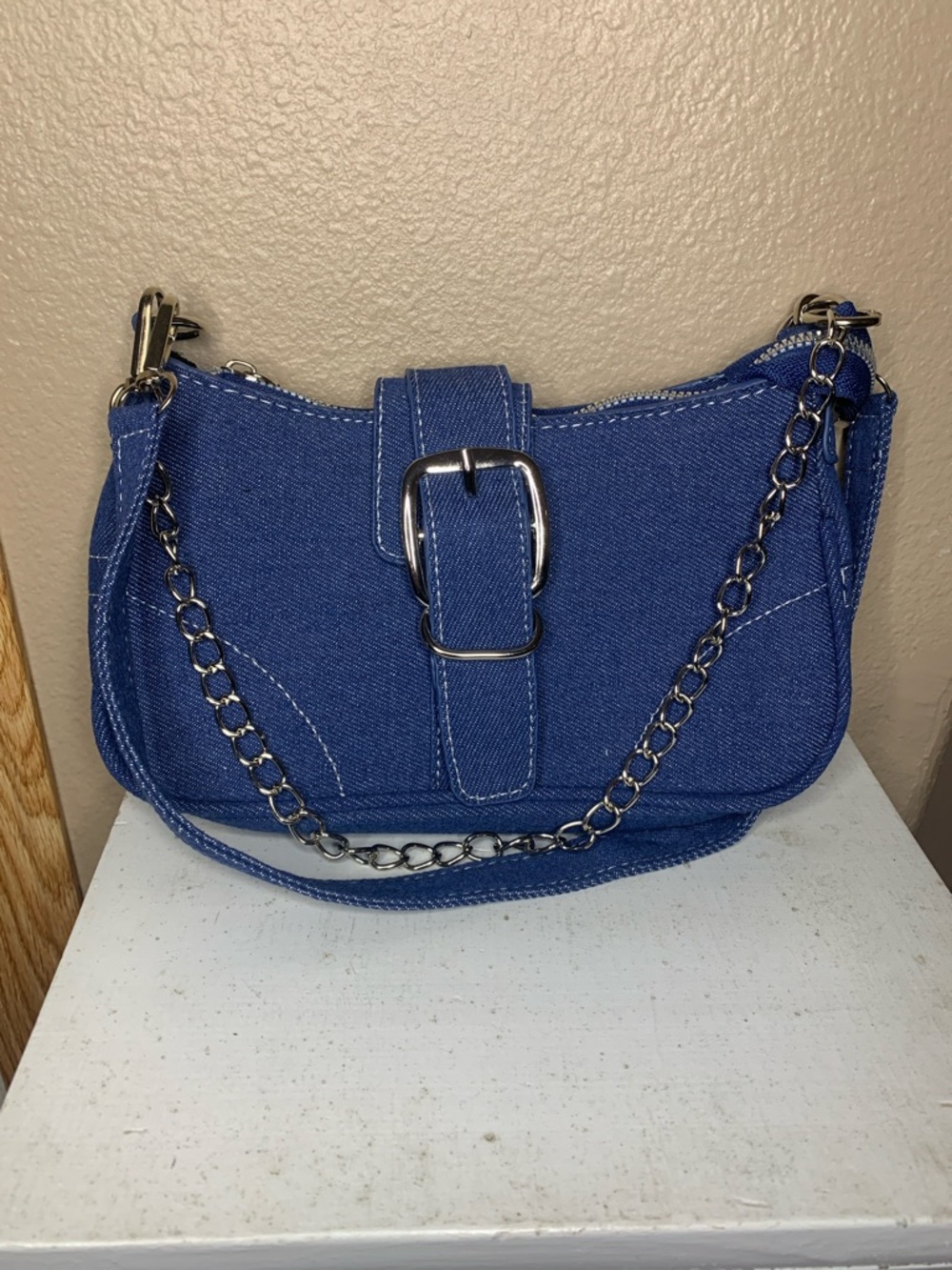DENIM Saddle Shoulder Bag with Silver Chain